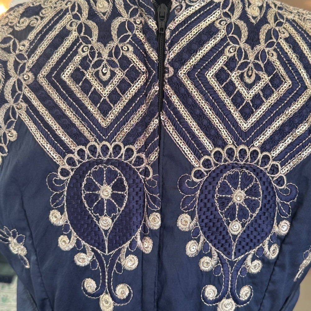 Custom Silk Navy Blue Embroidered High Low Midi Dress with Sequin Accents V-Neck - Picture 6 of 11